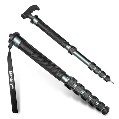 Produktbild: Manbily 32mm Einbeinstativ für Kameras 44cm-174cm aus Aluminium Monopod Stativ DSLR Reise-Einbeinstativ mit Gehstockgriff 6 Abschnitte Wanderstöcke Max. 15KG mit Telefonclip Videokamera (Metallgrau)