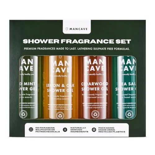 Produktbild: ManCave Duschgel Männer, 4 x 500 ml Natürliches Sulfatfreies Duschgel Herren - Wilde Minze, Zitrone & Eiche, Zedernholz und Meersalz, Vegan, Tierversuchsfrei - Hergestellt in GB, Geschenkset Männer