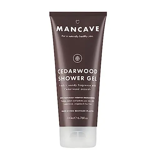 Produktbild: ManCave Duschgel Männer Zedernholz 200ml - Frisches, Holziges Aroma - Natürliches Duschgel Herren, Ohne Sulfate und Parabene, Vegan, Recycling-Kunststoff-Tube