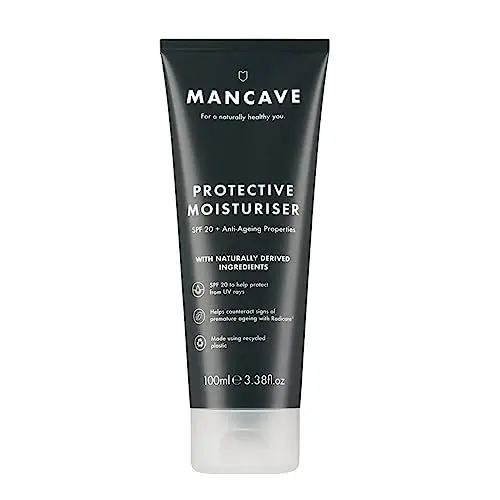 Produktbild: ManCave Gesichtscreme für Männer 100 ml, Sonnencreme Gesicht SPF 20, Feuchtigkeitscreme, LSF Tagescreme, Hautpflege, Feuchtigkeit, Schutz, Hautcreme, Männer, Vegan, Verpackung aus recyceltem Material
