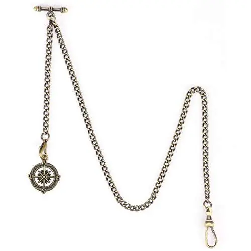 Produktbild: ManChDa Albert Chain Taschenuhr, T-Bar-Kette mit Kompassanhänger, Curb Link Chain 2 Haken Antike Fob T-Bar für Herren (Bronze)