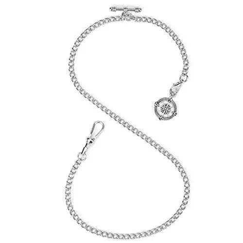 Produktbild: ManChDa Albert Chain Taschenuhr, T-Bar-Kette mit Kompassanhänger, Curb Link Chain 2 Haken Antike Fob T-Bar für Herren (Silber)