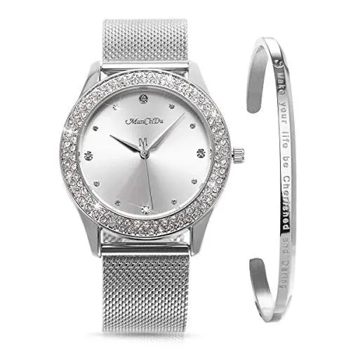 Produktbild: ManChDa Damen-Armbanduhr – Trendy Bling Crystal Analog-Quarz-Armbanduhr – Silber