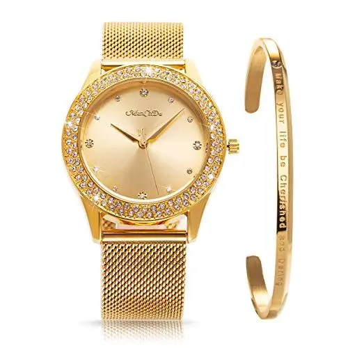 Produktbild: ManChDa Damen Armbanduhr Kristall Mesh Edelstahl Gürtel Damen Quarz Diamant Klassische Mode Romantische + Schmuck Manschette Armband Set Gold