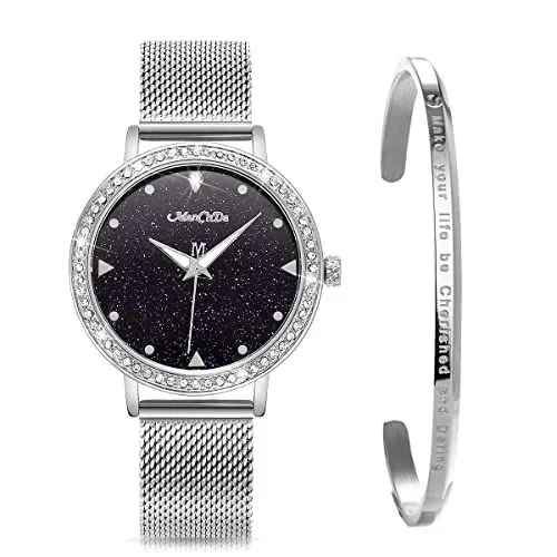Produktbild: ManChDa Damen Armbanduhr Marmor-Zifferblatt Uhr mit Kristall Mesh Edelstahl Gürtel Damen Quarz Diamant Klassische Mode Romantisch + Schmuck Manschette Armband Set