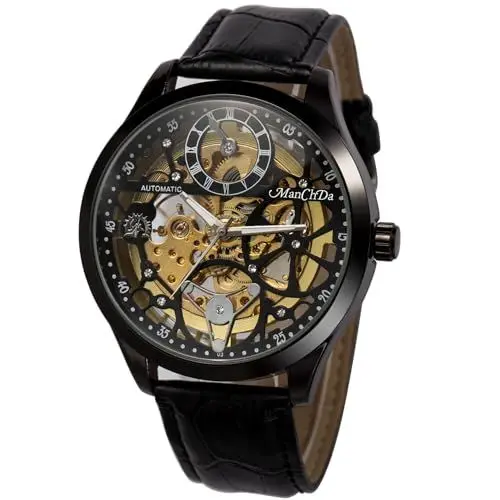 Produktbild: ManChDa Herren-Armbanduhr, mechanisch, Automatikuhr, Leder, modisch, lässig, Business-Armbanduhr für Herren, 1-A Schwarzes Leder, Armband