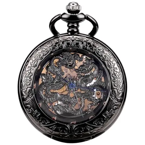 Produktbild: ManChDa Taschenuhr-Taschenuhren Spezielle Lupe Abdeckung Glücklicher Drache Mechanisches Skelett Antike Steampunk Handaufzug Römische Ziffern Antike Fob Uhr für Herren mit Kette Geschenk Box | Schwarz