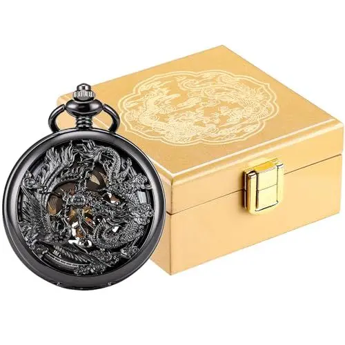Produktbild: ManChDa Taschenuhr In Luxus Glänzende Holz Geschenk Box - Lucky Dragon und Phoenix Taschenuhr Kette Skelett Mechanische Antike Hand-Wind Steampunk Römische Ziffern Fob Uhr Für Herren | Gold Box