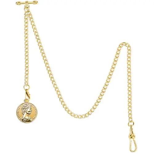 Produktbild: ManChDa Taschenuhr Kette - Kette Taschenuhr - taschenuhr Kette t bar mit Königin Anhänger, Curb Link Kette 2 Haken Antik Fob T-Bar für Herren Gold Albert