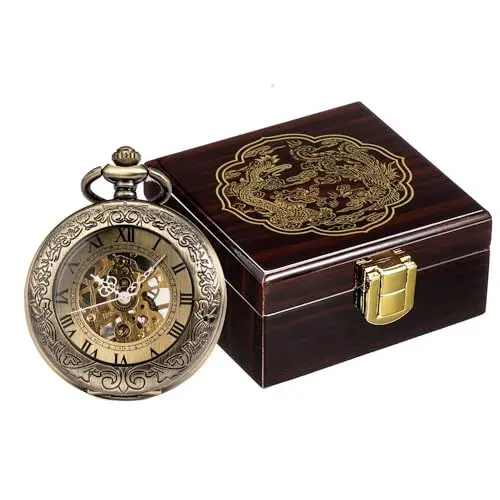 Produktbild: ManChDa Taschenuhren in Premium glänzenden hölzernen Geschenk Box Mechanisch Taschenuhr und Kette Skelett Lupe Abdeckung Fob Uhr mit glücklichem Drachen und Phönix Display Box Bronze