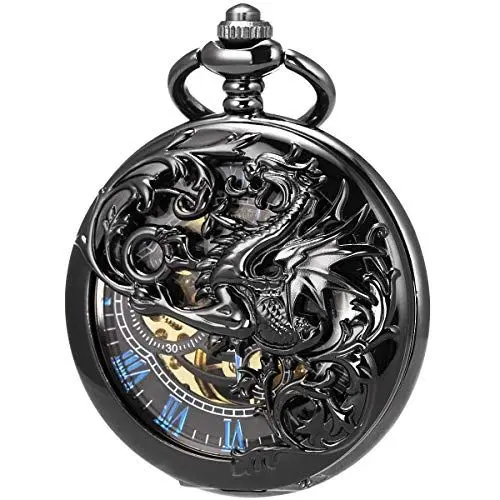 Produktbild: ManChDa Unisex Taschenuhr mit Kette Analog Handaufzug Doppelscharnier Antik Drache Skelett Bronze (6. Black)