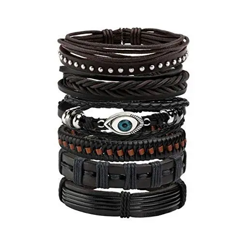 Produktbild: Manfnee 6PCS Geflochtenes Kunstlederarmband Punk Cuff Wrap Armbänder für Männer Frauen Verstellbar