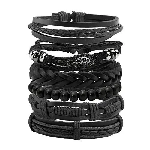 Produktbild: Manfnee 6PCS Geflochtenes Lederarmband für Männer Frauen Holzperlen Manschette Wickelarmband Einstellbar