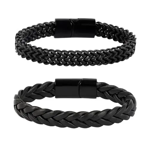 Produktbild: Manfnee Herren Armband Leder und Stahlarmbänder für Männer Frauen Geflochtene Leder armband Edelstahl Armbänder