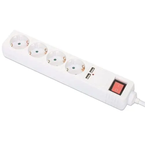 Produktbild: Manhattan 4-fach Steckdosenleiste mit 2 USB-Ladeports und Netzschalter, Schutzkontakt, weiß