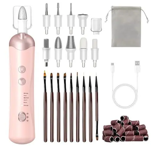 Produktbild: Maniküre Pediküre Set - Pediküre set Fußpflege Elektrisch Nagelfeile mit 5 Geschwindigkeiten und LED Licht Electric Nail Drill, 10 Aufsätze zur Nagelpflege für Hände und Füße (Rosa)