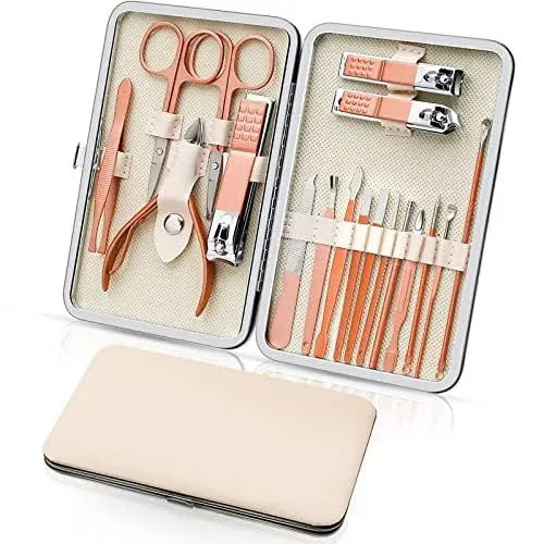 Produktbild: Maniküre Set, 18-teiliges Pediküre Nagelknipser Set, Nagelknipser Werkzeug, Tragbares Reiseset, Professionelle Reise Beauty Nagelpflege Kit für Zuhause, Reisen (Roségold)