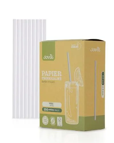 Produktbild: Mank Trinkhalme aus Papier, Papiertrinkhalme, Papierhalme, Umweltfreundlich, Robust & Vielseitig einsetzbar, Strohhalme (250, Weiß, Ø 6 mm / 20 cm)