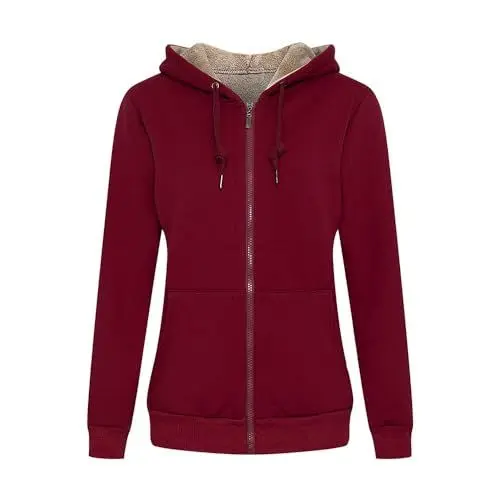 Produktbild: MANLUODANNI Damen Kapuzensweatshirt, Dicker Kapuzenjacke Sweatjacke Kapuzenpullover Damen Hoodie Baumwolle Sweatshirtjacke Frauen Casual Pullover mit Fleecefutter Rot XL