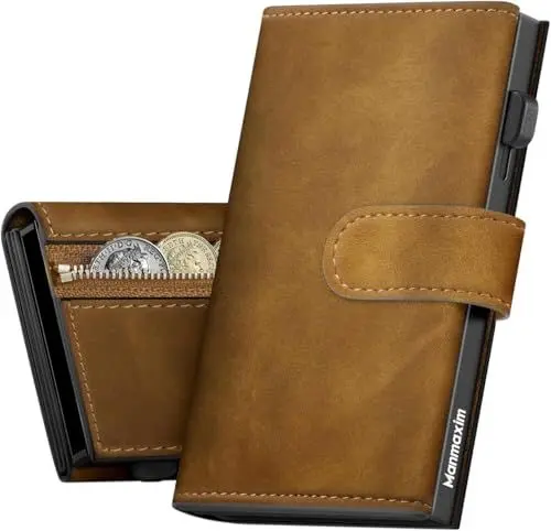 Produktbild: Manmaxim Portmonee Herren Slim Wallet mit Münzfach, RFID Geldbörse Herren Smart Wallet, Kartenetui für 10+ Karten Karten Geldbeutel Portemonnaie Wallets for Men (Braun)