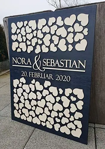 Produktbild: Manschin Laserdesign Personalisiertes 3D Hochzeit Gästebuch in verschiedenen Größen | 40-160 Herzen | Hochkant aus echtem Holz Gästebuch Alternative (Anthrazit)