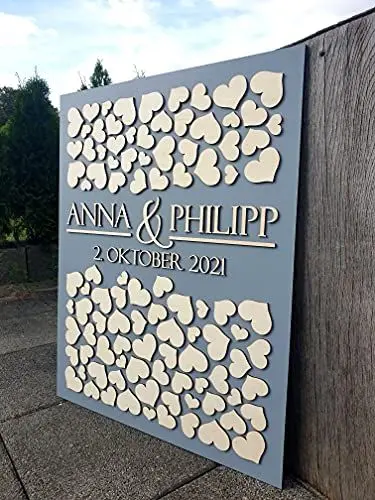 Produktbild: Manschin Laserdesign Personalisiertes 3D Hochzeit Gästebuch in verschiedenen Größen | 40-160 Herzen | Hochkant aus echtem Holz Gästebuch Alternative (Grau)