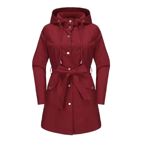 Produktbild: Generisch Damen Wasserdichte Windjacke Für Outdoor-Sportarten Mit Kapuze, Lässige Leichte Windjacke, Modischer Einfarbiger Langarm-Übergangsjacke Mit Weitem Schnitt Und Regenmantel Mit Gürtel Rot L
