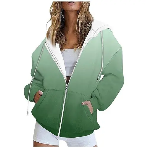Produktbild: Mantel Damen Casual Jacke Elegant Hoodie Y2K Modische Farbverlauf sweatjacke Kordelzug Langarm übergangsjacke Weicher Kapuzenjacke Mit Taschen Reißverschluss Oberteile Jacken Streetwear Grün M