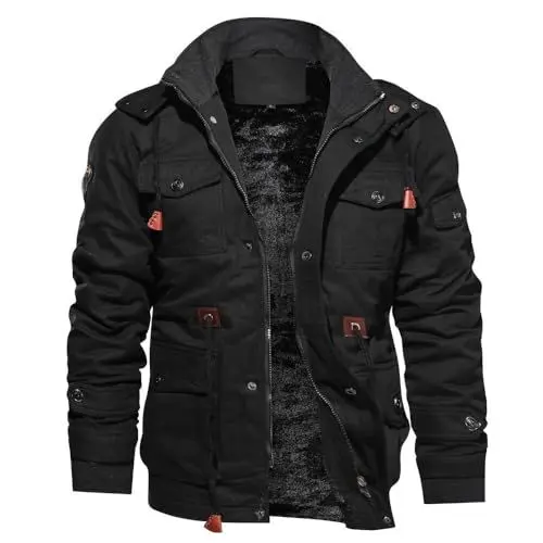 Produktbild: Winterparka Herren Fleece Gefüttert Winterjacke mit Viele Taschen Kapuze Warm Winter Mantel Übergangsjacke Militär Jacke (Black, XXXXL)