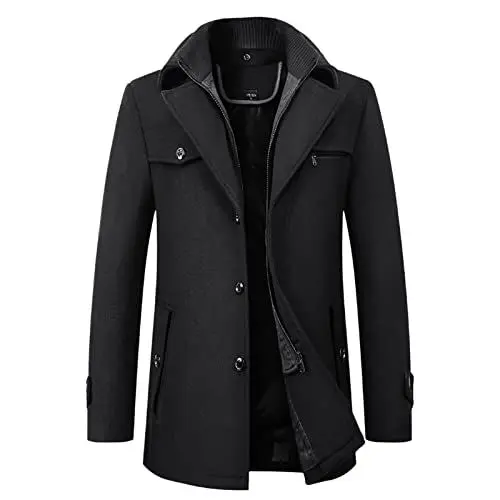 Produktbild: Mantel Herren Wollmantel mit Kapuze Mittellang Wolle Winter Herrenmantel Slim Fit Wintermantel (Black, XXXL)