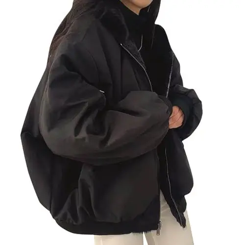 Produktbild: Mantel Maedchen Lässige Wolle Jacken Weite Weich Herbst Lange Ärmel mit Reverskrage Mantel Damen Schlichtes Clubkleidung Zipped Schwarz