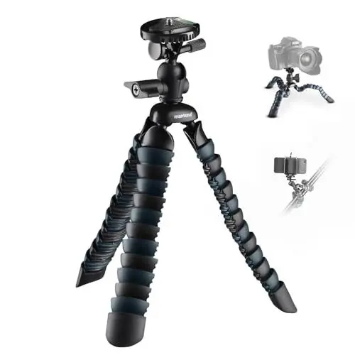Produktbild: Mantona Armadillo DSLR flexibles Mini Kamera und Tisch Stativ für Kamera Smartphone Actioncam, Traglast 3 kg, Höhe 28 cm, mit Kugelkopf, inkl. Smartphone Halter und GoPro Adapter, schwarz/grau