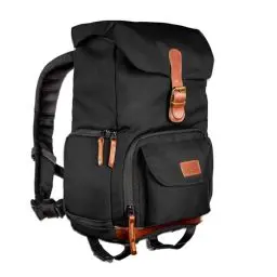 Produktbild: Mantona Luis junior Retro Fotorucksack (mit Echtleder-Applikationen, inkl. Regenschutzhülle, flexible Einteilung und Tablet-Fach für 1x DSLR-Kamera, 1-2 Objektive und diverses Fotozubehör) schwarz