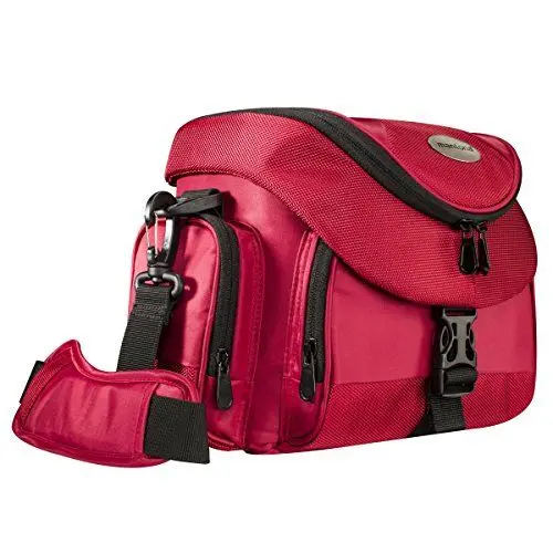 Produktbild: Mantona Premium Kameratasche - Universaltasche inkl. Schnellzugriff, Staubschutz, Tragegurt und Zubehörfach, geeignet für DSLM und DSLR Kameras, rot/schwarz