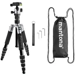 Produktbild: mantona Reisestativ Light Traveller, stabiles Aluminium I leichtes Kamera-Stativ, Kugelkopf + Wechselplatte (Arca Swiss kompatibel), 360° Panorama I Fotostativ als Tripod & Monopod, schwarz-grau