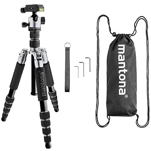 Produktbild: mantona Reisestativ Light Traveller, stabiles Aluminium I leichtes Kamera-Stativ, Kugelkopf + Wechselplatte (Arca Swiss kompatibel), 360° Panorama I Fotostativ als Tripod & Monopod, schwarz-grau
