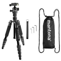 Produktbild: mantona Reisestativ Light Traveller, stabiles Aluminium I leichtes Kamera-Stativ , Kugelkopf + Wechselplatte (Arca Swiss kompatibel), 360° Panorama I Fotostativ als Tripod & Monopod, schwarz