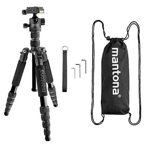 Produktbild: mantona Reisestativ Light Traveller, stabiles Aluminium I leichtes Kamera-Stativ , Kugelkopf + Wechselplatte (Arca Swiss kompatibel), 360° Panorama I Fotostativ als Tripod & Monopod, schwarz