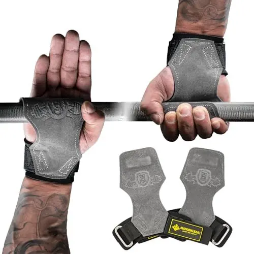 Produktbild: MANUEKLEAR Gewichtheben-Handgelenkbänder mit gepolsterter Handgelenkschlaufe, Leder-Gewichtheben, Handgelenkriemen für Kreuzheben, Powerlifting, Profi Lifting Straps für Frauen (Grey)