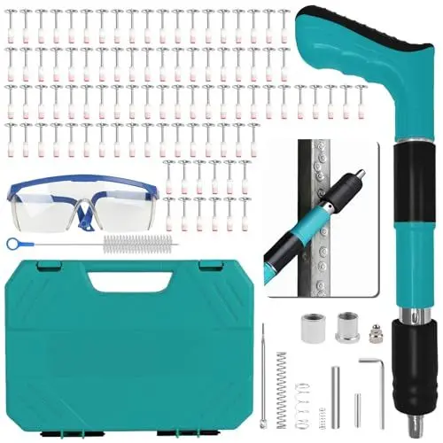 Produktbild: Manuelle Nagelpistole aus Stahl mit 150 Stück Rund Nagel, 5 Gänge Einstellbar Nail Gun Bolzenschussgerät Wandnagelpistolen für Deckenwandanker Drahtschlitzgerät, Hauswand, Beton
