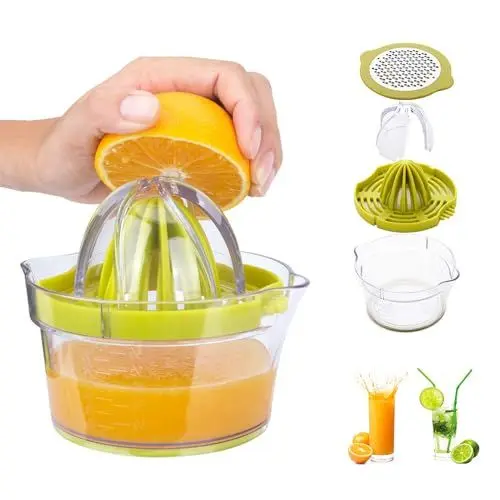 Produktbild: Manueller Multifunktions-Entsafter für Zitrusfrüchte, 4-in-1-Entsafter für Orangen, Zitronen, Zitrusfrüchte, mit 2 Reibahlen, 400 ml graviertes Maß (ZZJIDGN-663)