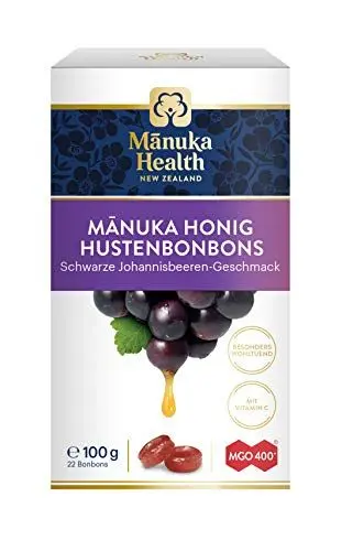 Produktbild: Manuka Health - MGO 400 + Schwarze Johannisbeere Lutschbonbons 100 g - 100% Pur aus Neuseeland mit zertifiziertem Methylglyoxal Gehalt und Vitamin C Bonbons