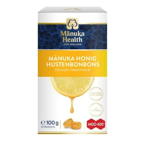 Produktbild: Manuka Health - MGO 400 + Zitronen Lutschbonbons 100 g - 100% Pur aus Neuseeland mit zertifiziertem Methylglyoxal Gehalt und Vitamin C Bonbons