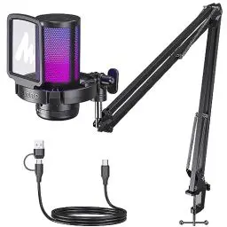 Produktbild: MAONO Gaming USB Mikrofon, Noise Cancellation Kondensator Mic mit Mute, Gain, Monitoring, Galgenarm, Pop-Filter für Streaming, Podcast, Twitch, YouTube, Discord, PC, Computer, PS5, Mac, DGM20S