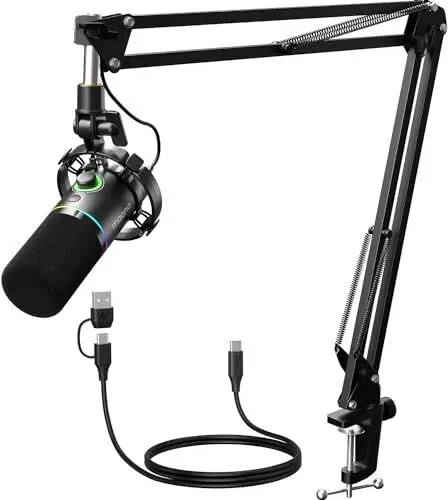 Produktbild: MAONO XLR/USB Dynamisches Mikrofon Set, RGB Podcast Mikrofon mit Arm, Software, Stummschalttaste, Gain-Regler, für PC Gaming, Streaming, Aufnahme, PS4/5 Mac Mixer usw PD200XS Schwarz