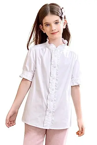 Produktbild: maoo garden Mädchen Casual Kurzarm Blusen Baumwolle Schuluniform Rüschenkragen Button Down Hemden Weiß 11-12Y