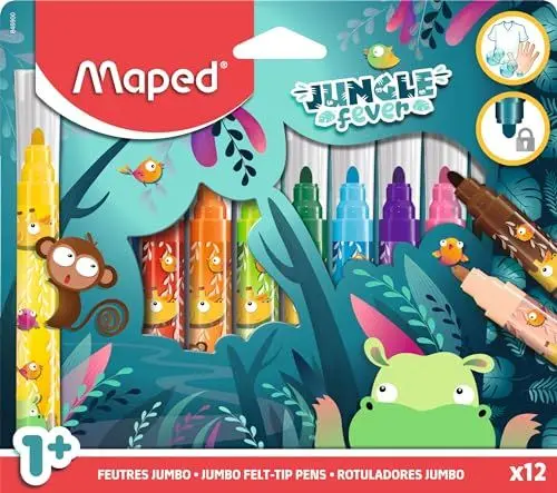 Produktbild: Maped - Kinderfilzstifte JUNGLE FEVER JUMBO - für die Kleinsten geeignet - ab dem 1.Lebensjahr - großer Durchmesser - sichere, blockierte Spitze - abwaschbar