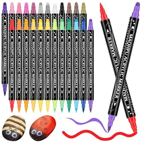 Produktbild: Maqhpu 24 Farben Acrylstifte, Acrylstifte für Steine Wasserfest, Steine zum Bemalen Stifte Set, Dual Tip Multimarker Acrylmarker für Holz, Glas, Papier, Keramik, Basteln Erwachsene Kinder