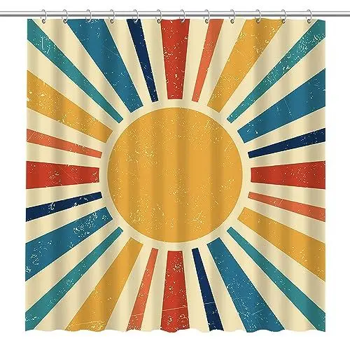 Produktbild: MAQTT 72 x 72 In Bohemian Wind Sonne 70s Retro Regenbogen Duschvorhang Schön Retro Sonnenaufgang Sonnenuntergang Farbenfrohe Abstrakte Badezimmer Dekoration Schönheit wasserdichte Badewanne