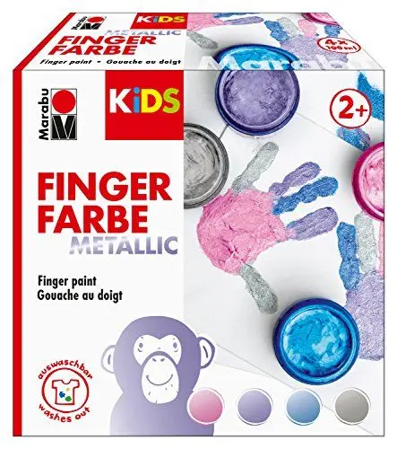 Produktbild: Marabu 0303000000084 - Kids Fingerfarbe Set mit 4 Metallic Farben á 100 ml, vegan, parabenfrei, laktosefrei, glutenfrei, zum Malen in Kindergarten, Schule, Therapie und zu Hause - Metalliceffekt